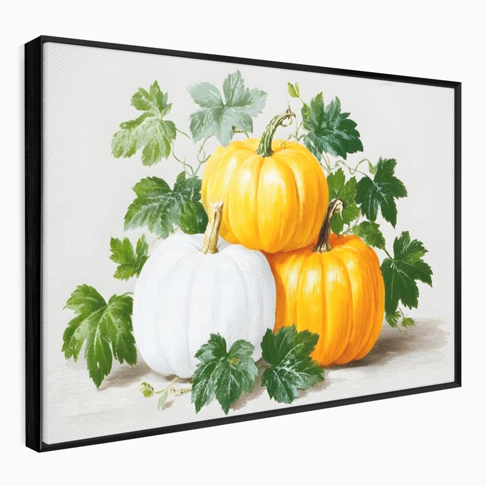 Tablou canvas cu pictura decorativa cu trei dovleci, in rama de aluminiu negru